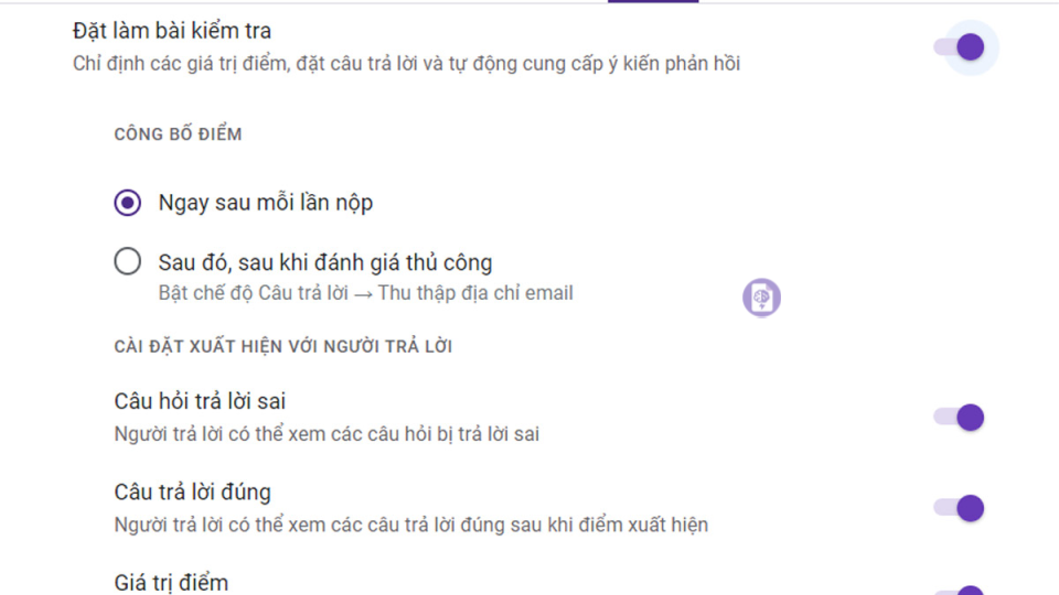 Tạo Form Khảo Sát Trên Google Form Hiệu Quả Chọn đáp án đúng và chỉ định điểm số cho câu hỏi khi tạo form khảo sát trên Google Form.