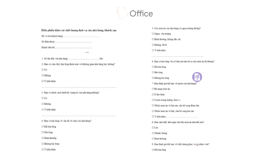 Form khảo sát khách hàng tối ưu trải nghiệm Mẫu form khảo sát khách hàng về chất lượng dịch vụ của doanh nghiệp.